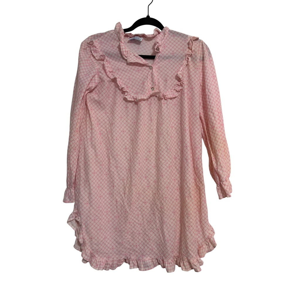 Flirts by Donnkenny‎ Nightgown Vintage Cottagecore Pink Ruffle Grid Floral OS